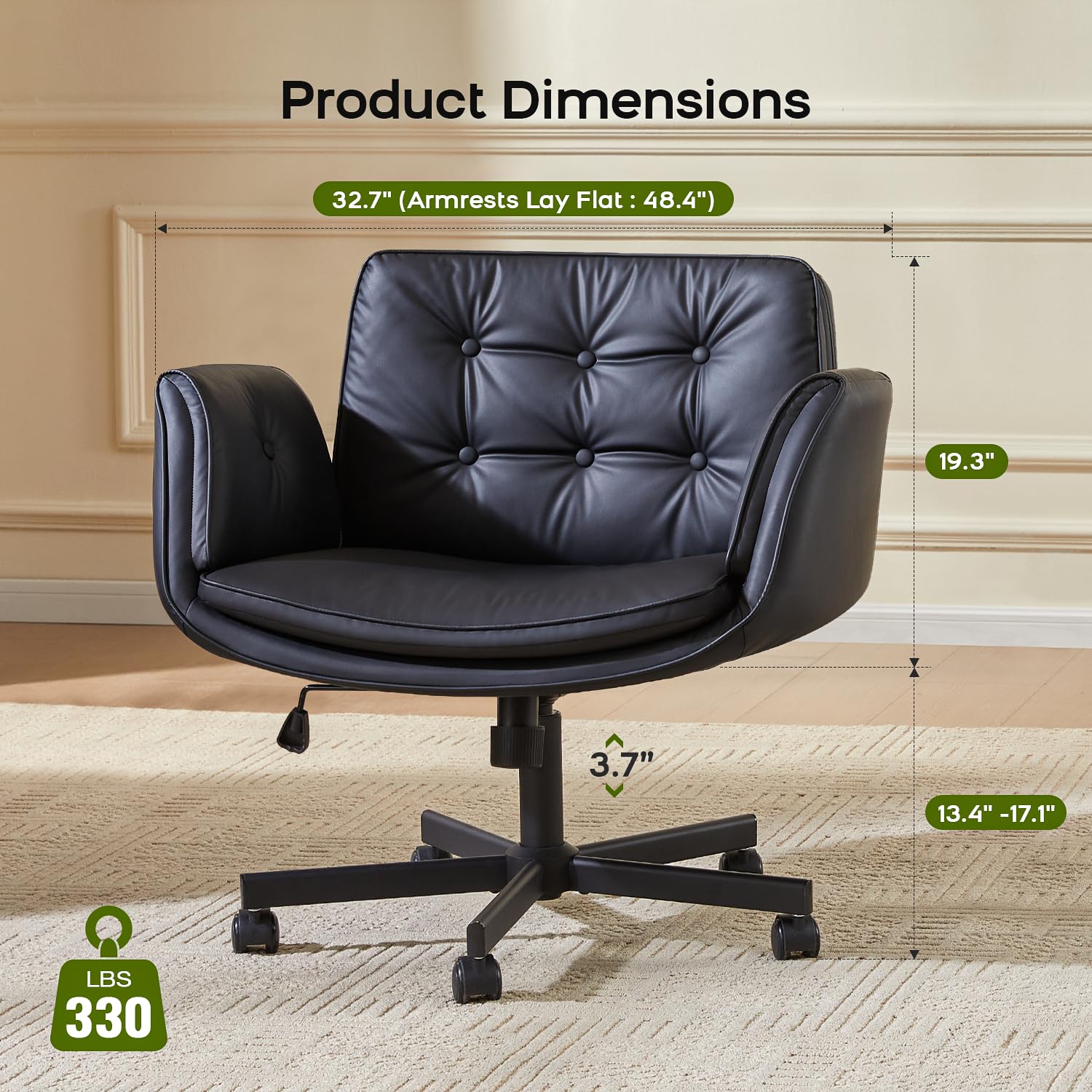Criss Cross Office Chair, PU Leather Vanity Chair with 5-Level Adjustable Armrests & Swivel, Ergonomic Criss Cross Chair for Home Office Bedroom Makeup（Black）
