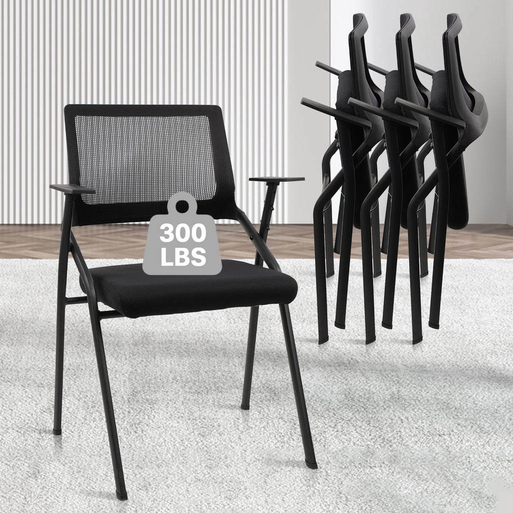 (4pk) Stackable & Foldable Office Chairs with Ergonomic Lumbar Support and Thickened Seat Cushion, Folding Mesh Fabric Reception Guest Chair for School Church Lobby Conference Room, Black