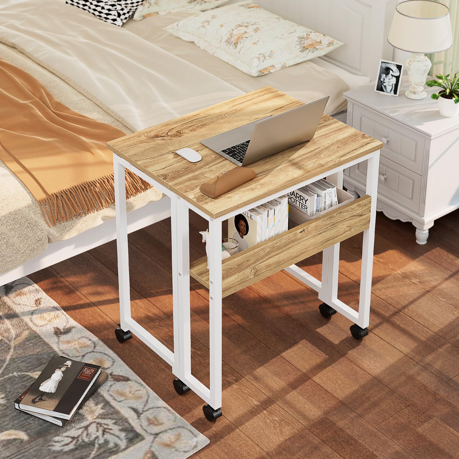 Folding Desk with Wheels, 24.8 Inch Compact Rolling Computer Table with Storage Shelf, Portable Mobile Workstation for Small Spaces, Easy Assembly, Oak