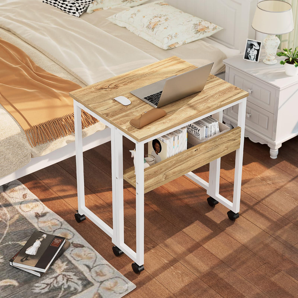 Folding Desk with Wheels, 31.5 Inch Compact Rolling Computer Table with Storage Shelf, Portable Mobile Workstation for Small Spaces, Easy Assembly, Oak