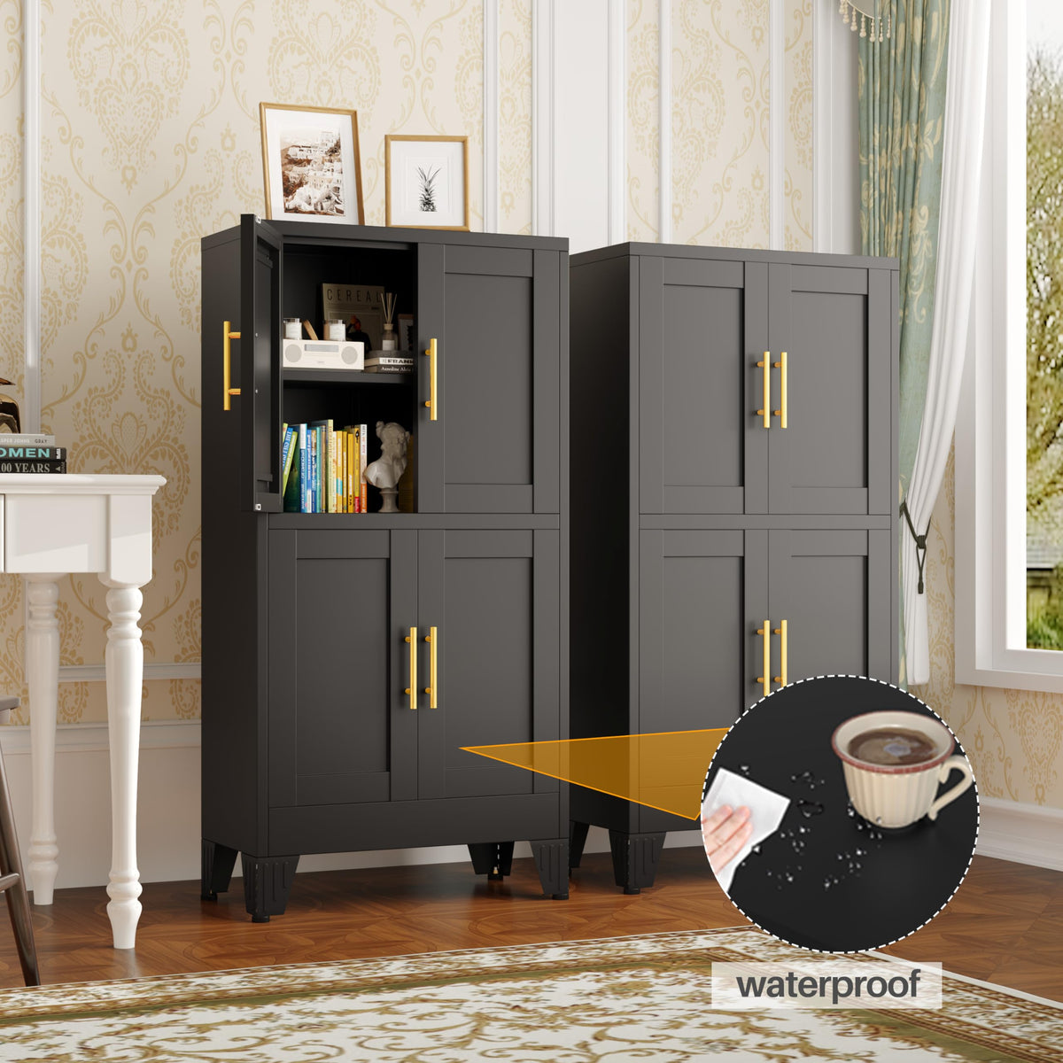 47” Black Metal Storage Cabinet, Kitchen Pantry Cabinet