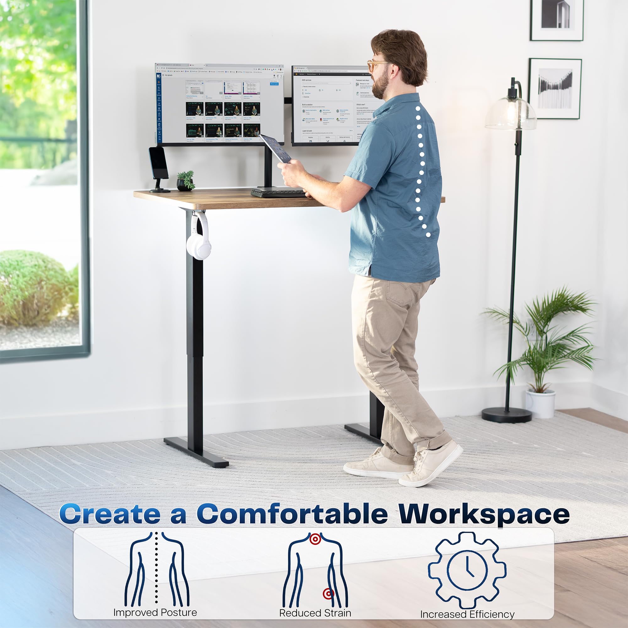Electric 48 x 30 in Standing Desk, Memory Height Adjustment, 1B Series, Holds 220 lbs, One-Piece Reclaimed Wood Top, Black Frame