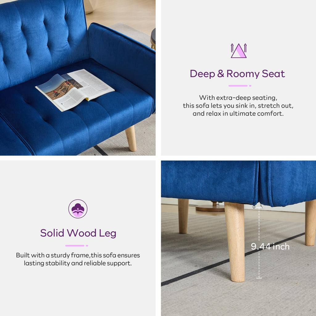62.99" W Velvet Modern Convertible Folding Futon Couch Sofa Bed w/ 2 USB Charging Ports for Compact Living Space, Small Couches for Office, Dorm, RV Room, Apartment, Bedroom (Navy Blue)