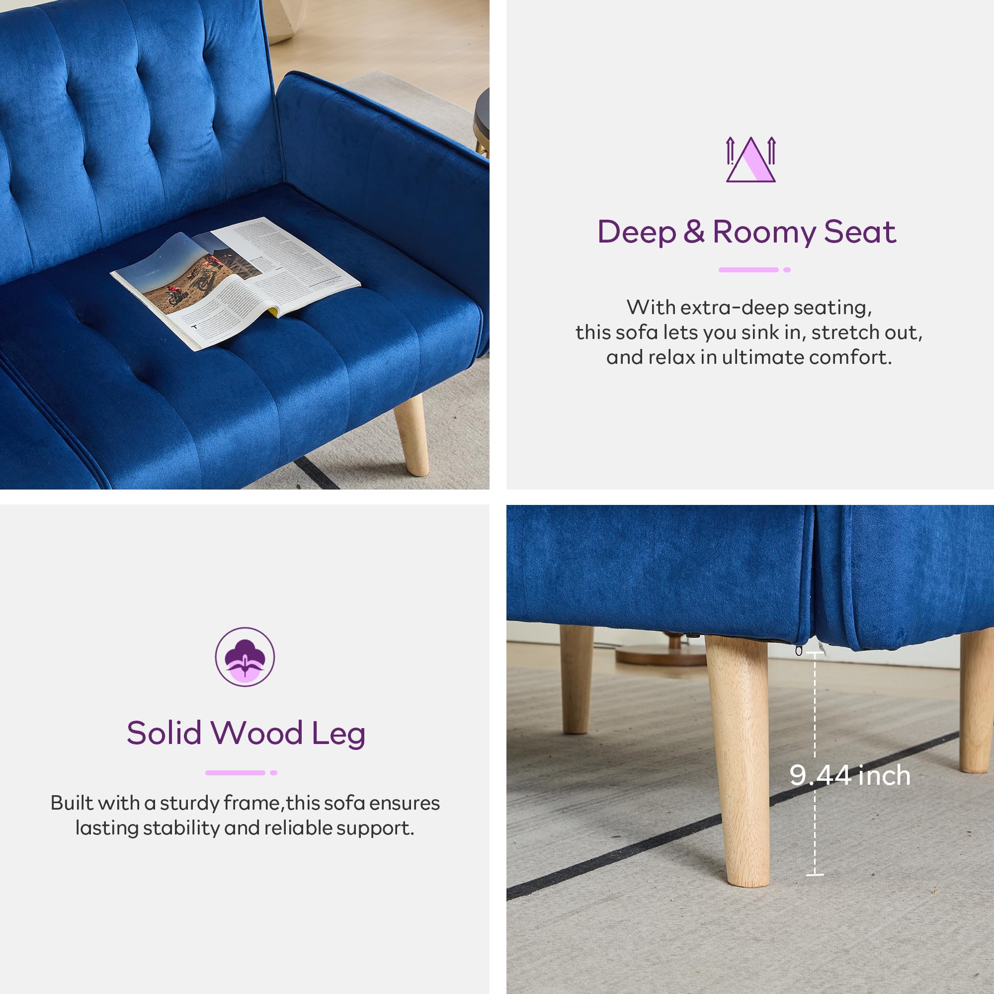 62.99" W Velvet Modern Convertible Folding Futon Couch Sofa Bed w/ 2 USB Charging Ports for Compact Living Space, Small Couches for Office, Dorm, RV Room, Apartment, Bedroom (Navy Blue)