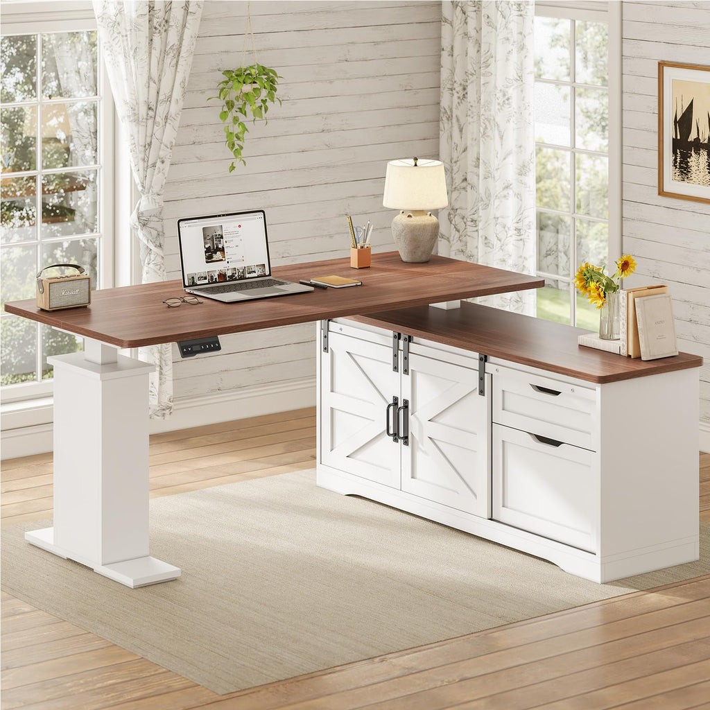 Farmhouse L Shaped Standing Desk, 55 inch Height Adjustable Corner Desk with Storage Drawers, Standing Computer Desks with Power Outlets for Home Office, White