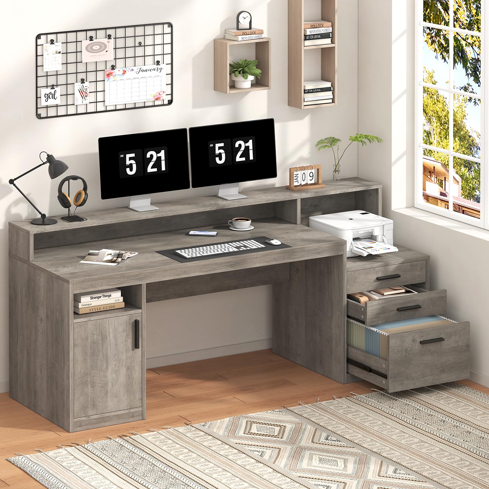 Computer Desk with 3 Drawers & Storage Shelves, 65 Inch Home Office Desk with File Drawer & Cabinet, Writing Study Desks with Monitor Stand & Printer Shelf, Executive Desk, Grey