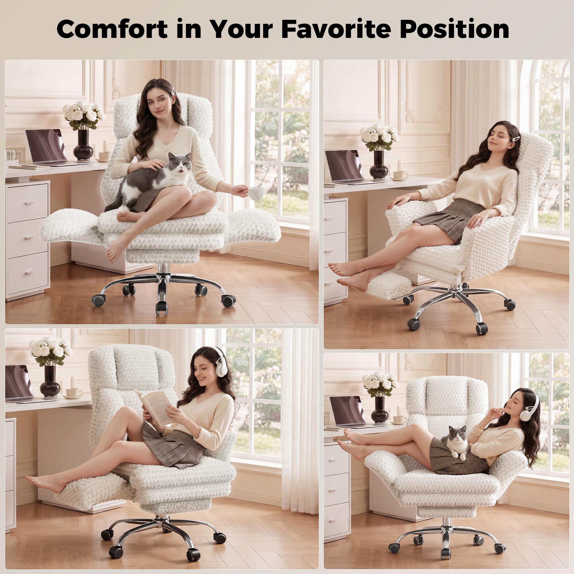 Big and Tall Office Chair, Flip Armrests for Pets & Cross Legged Sitting, Executive Ergonomic Computer Gaming Chair with Foot Rest, White Rose Velvet Wide Seat Reclining Desk Chair