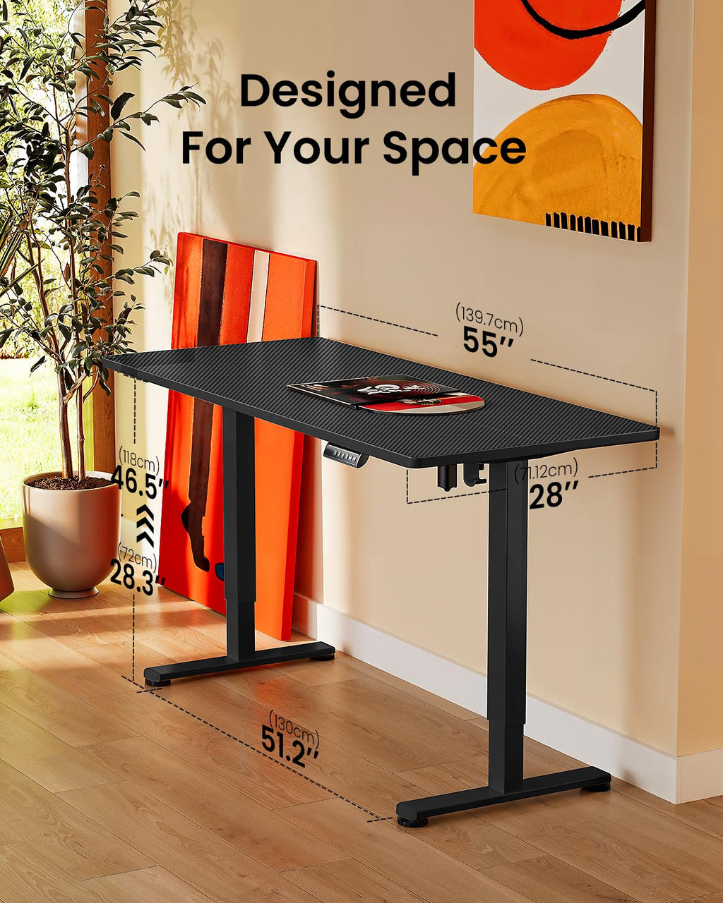 Height Adjustable Electric Standing Desk, 55 x 28 Inches Sit Stand up Desk, Memory Computer Home Office Desk, Carbon Fiber Black