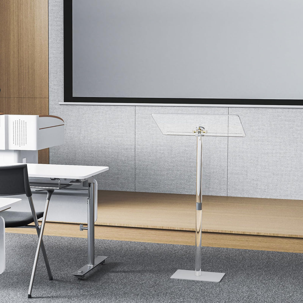 Acrylic Podium Stand, Angle Adjustable, Modern Lecterns & Pulpits for Classroom, Concert, Church, Speech, Easy Assembly, Metal Base, 23.6" L x 15.7" W x 42.3" H, Clear