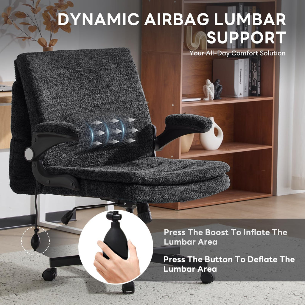 Criss Cross Office Chair with 2 in 1 Inflatable Flip-up Back, Ergonomic Wide Seat Desk Chair with Adjustable Arms and Wheels, Cross Legged Office Chair for Home & Office, Black