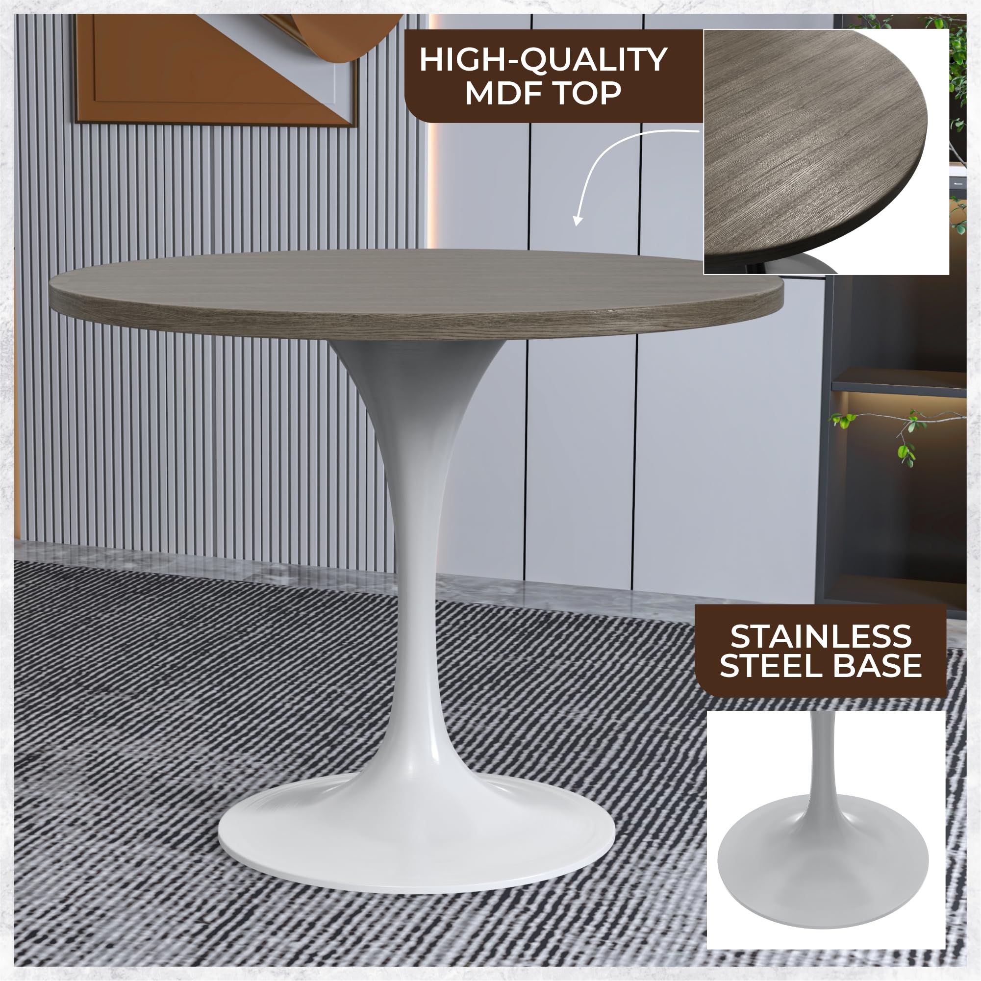 Verve Mid-Century Modern 36 Inch Round Dining Table, MDF Wood Tabletop with White Steel Pedestal Base, Contemporary Kitchen & Dining Room Table, for Small Spaces (Dark Maple)