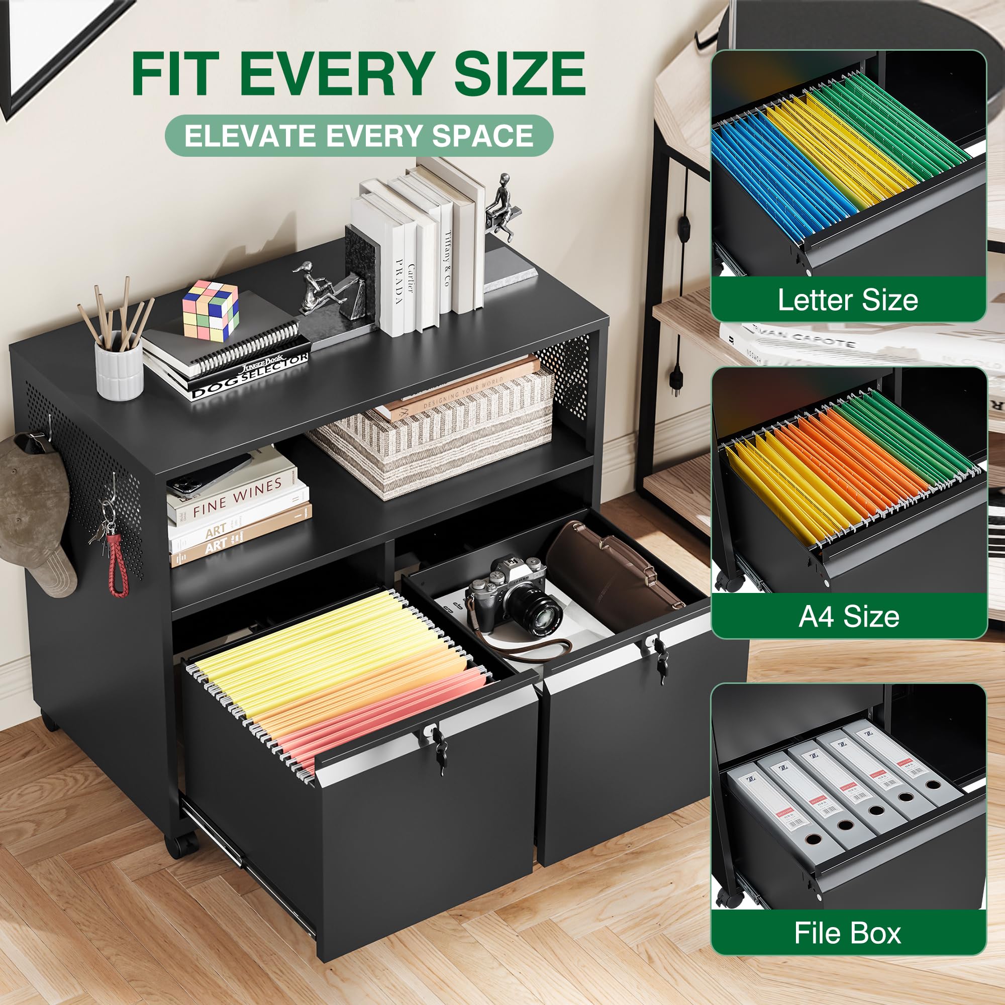 Metal File Cabinet,2 Drawer Filing Cabinet with Lock,Rolling Printer Stand Storage Cabinets with Shelves for Home Office Letter/Legal/A4 Size Files(Black)
