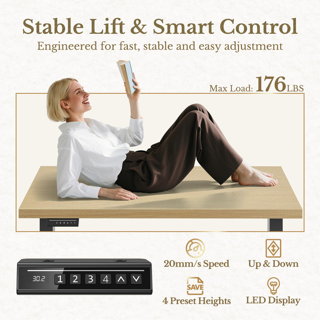 Electric Standing Desk, 48 Inch Adjustable Height Sit Stand Up Desk with 1.18" Thickness Whole-Piece Desktop, Computer Office Desk for Home Office, Light Walnut