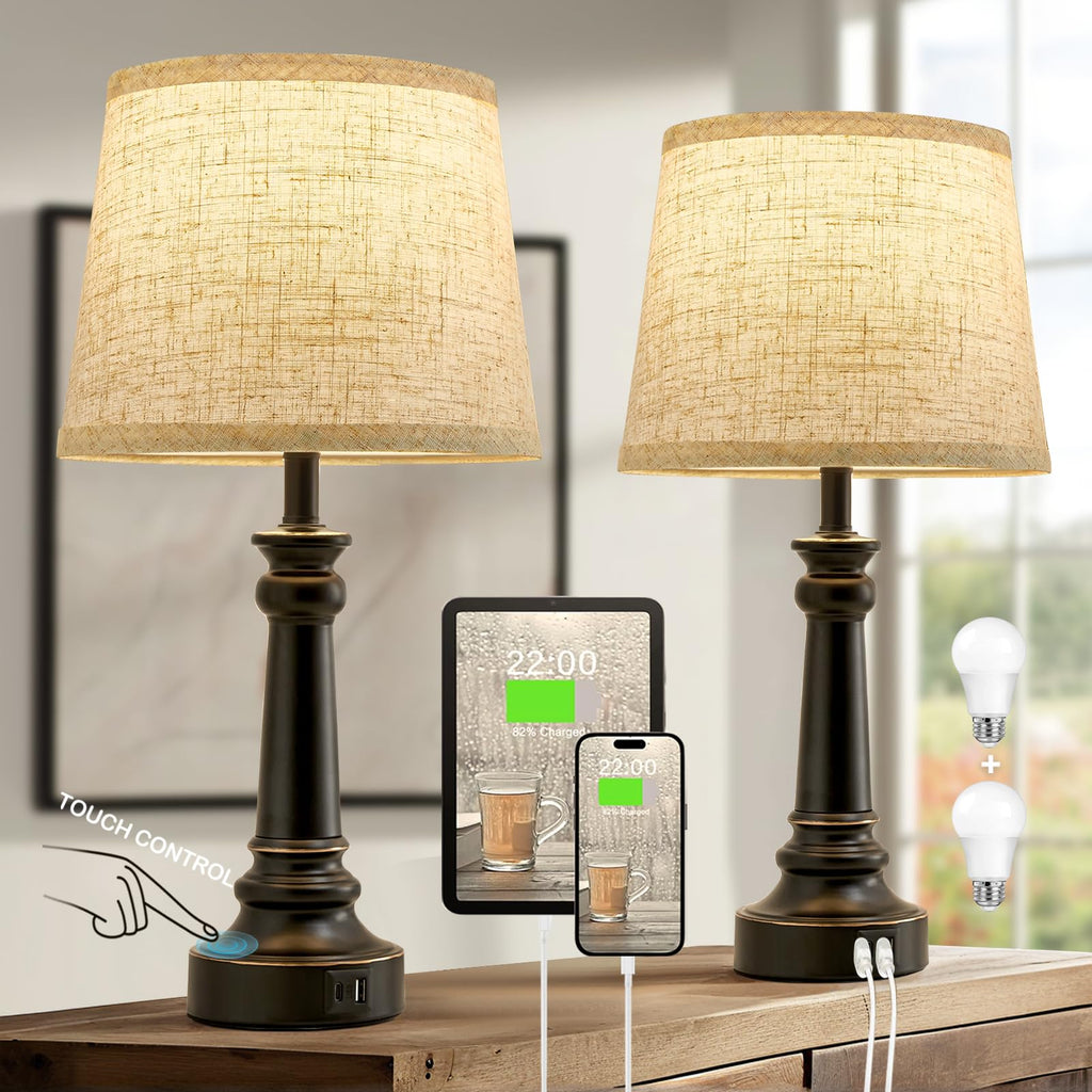 Touch Lamps for Nightstand Set of 2 - Black Table Lamp for Bedroom Dimmable Bedside Lamp with USB C+A Ports - Lamps for Night Stands Living Room End Table,2 LED Bulbs Included