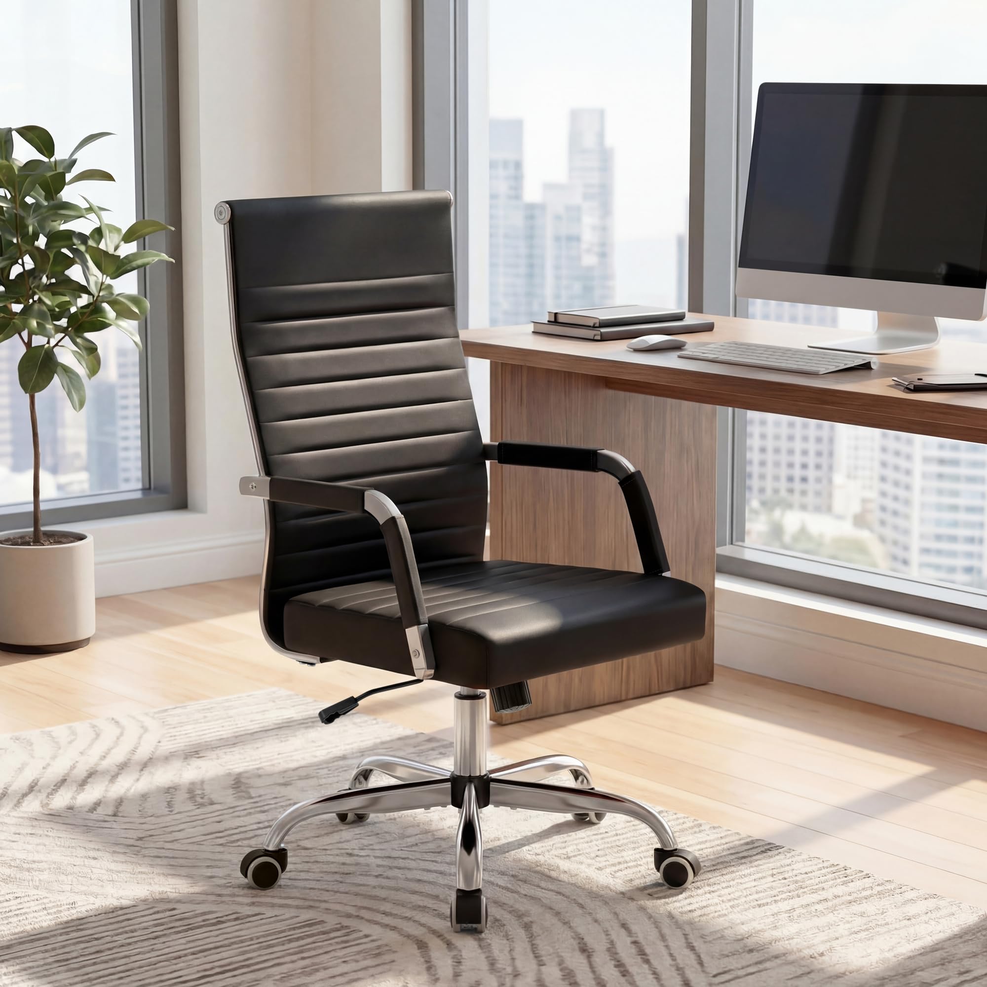 (2 pcs, Black) Ergonomic Office Desk Chair, Executive Ribbed Mid-Back PU Leather Conference Room Chair Adjustable Swivel Chair with Arms