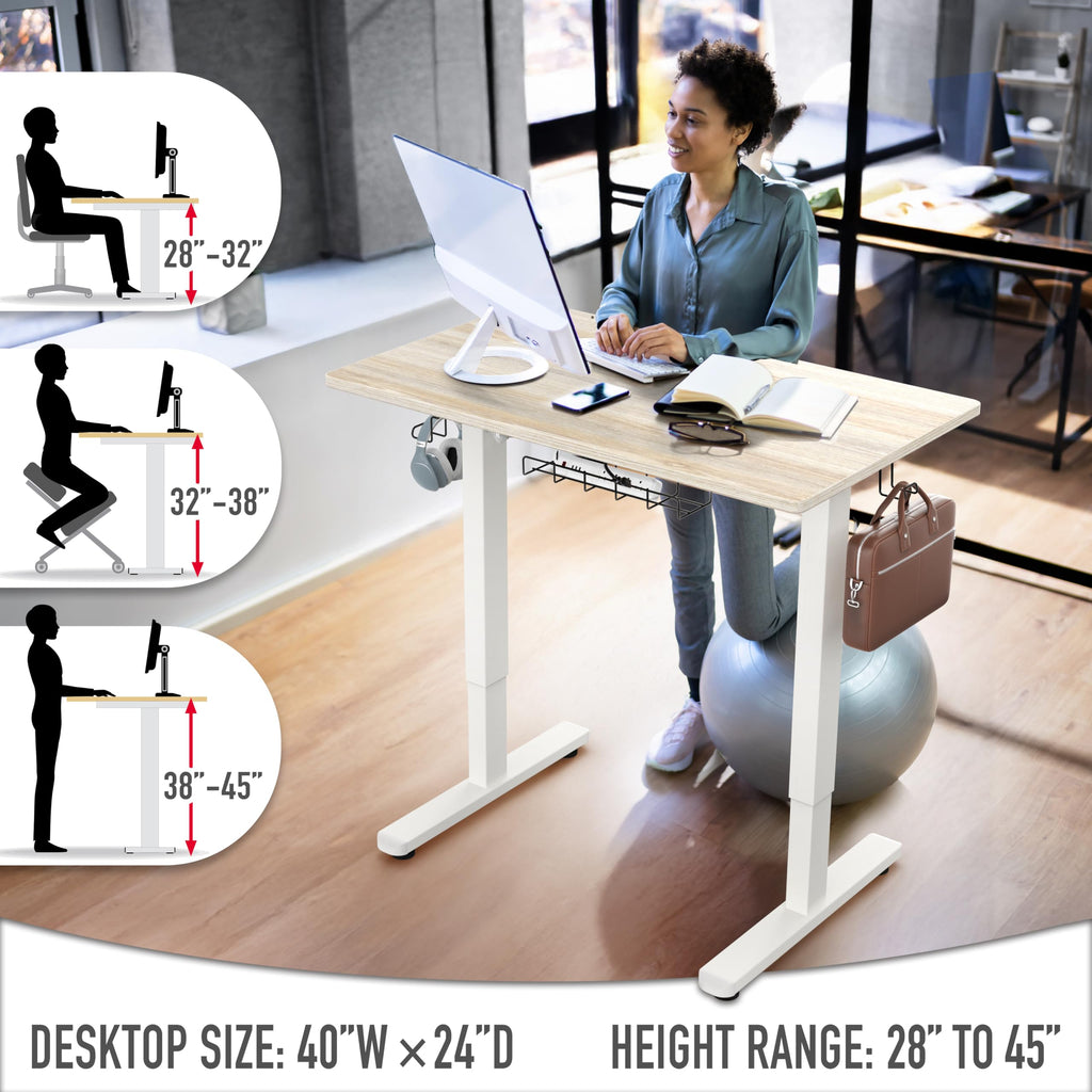 40-Inch Electric Height Adjustable Standing Desk with Drawer, Memory Preset and Cable Management Tray, Maple