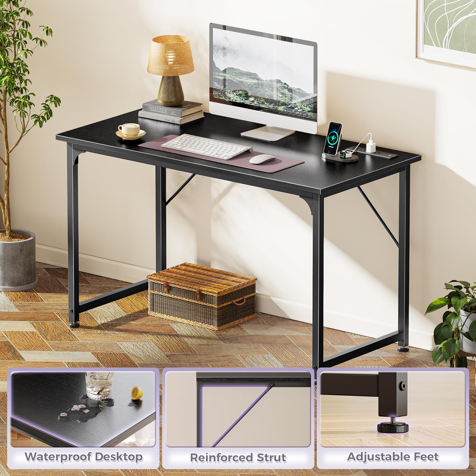 40 X 20 Inch Computer Desk with Power Outlets and USB-C Port, Gaming Office Desk with Deeper Desktop, Writing Work Desk for Home Office, Study, Bedroom, Work from Home Desk, Metal Frame, Black