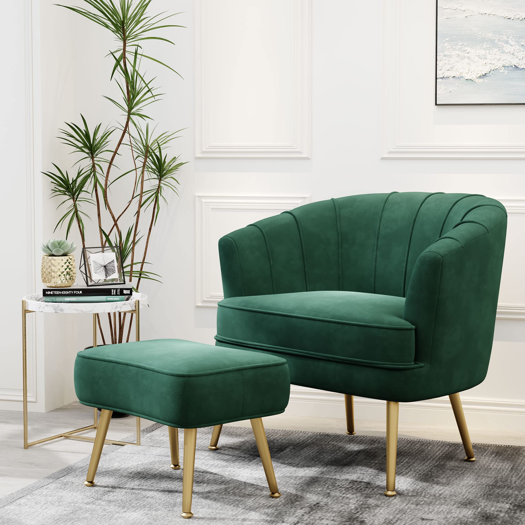 Velvet Accent Chair with Ottoman, Upholstered Modern Single Sofa Side Chair,Comfy Barrel Club Living Room Armchair with Golden Metal Legs for Office Bedroom Living Reading Room, Green