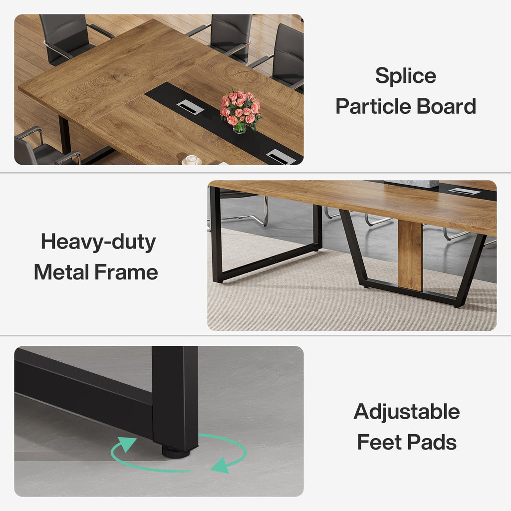 8FT Conference Table, 94.49 L x 47.24 W x 29.53 H Inches Large Meeting Podcast Table for 10 People, Business Style Wooden Training Table with Strong Metal Frame for Office Conference