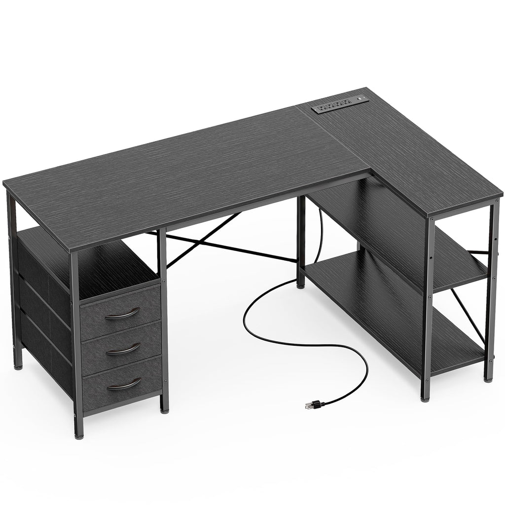L Shaped Office Desk with Power Outlets, 47 Inch Computer Desk with 3 Drawers, Shelves, for Gaming, Corner Work, Home Office, Study, Black