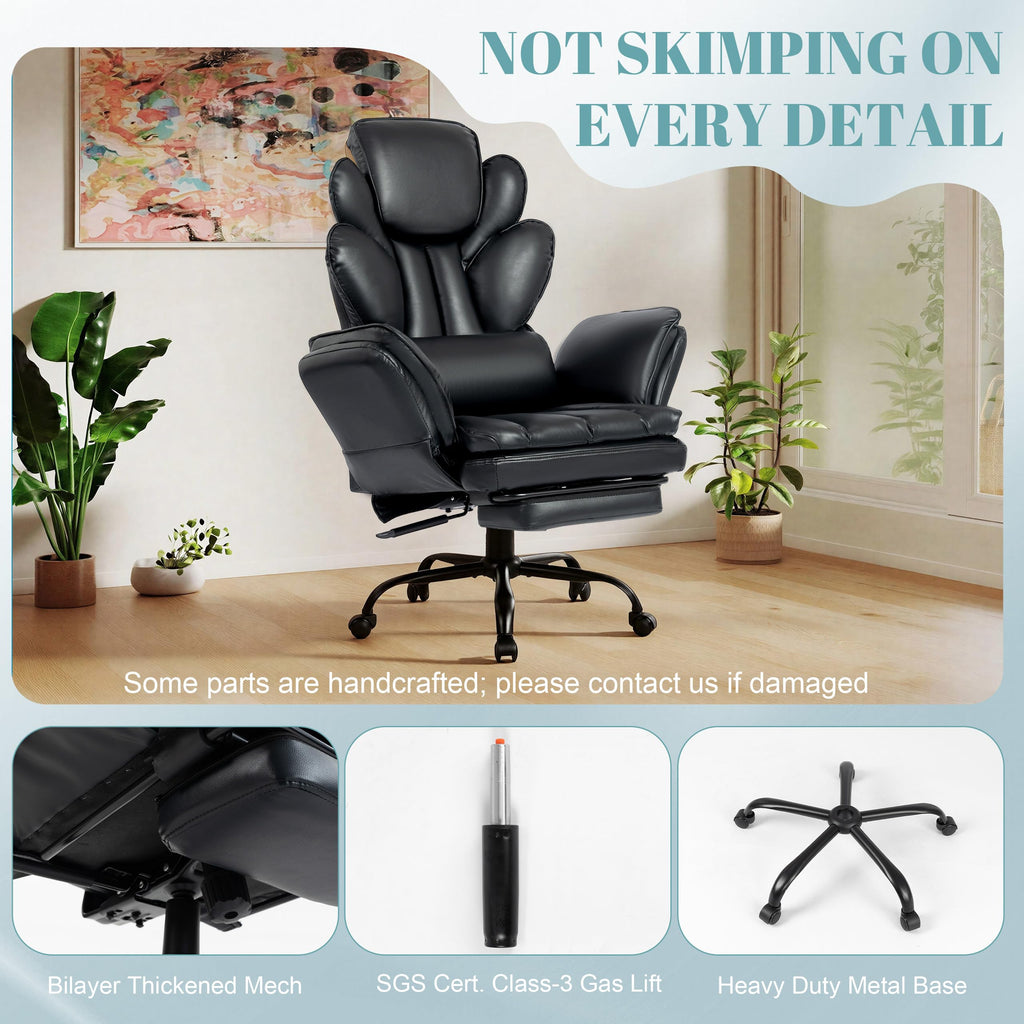 Flip Armrests Criss Cross Office Chair, Reclining Office Chair with Foot Rest, Adjustable Headrest, Massage Waist Pillow, Cross Legged Big and Tall Desk Chair Wide Seat Vanity Chair, PU Leather Black