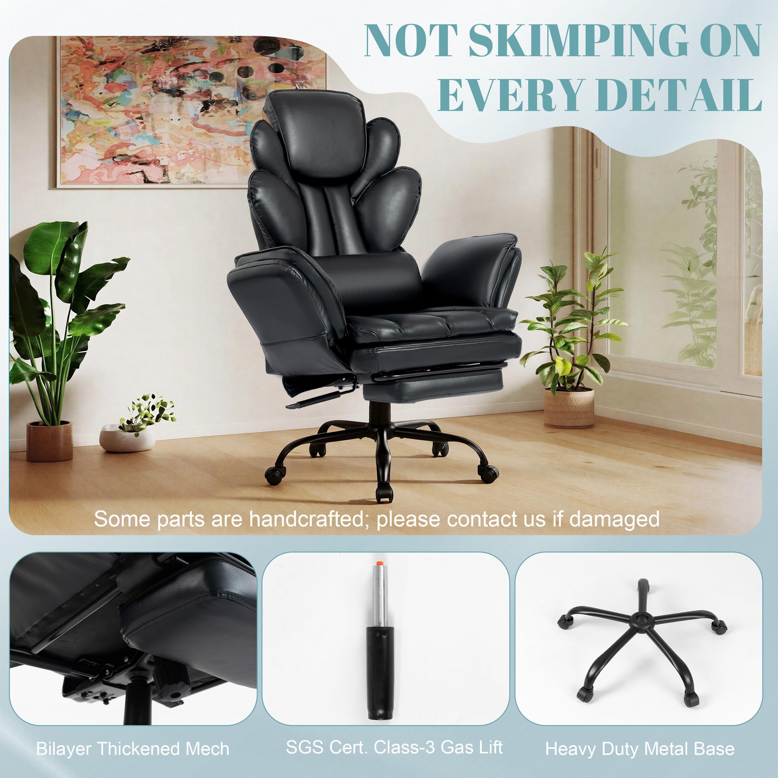 Flip Armrests Criss Cross Office Chair, Reclining Office Chair with Foot Rest, Adjustable Headrest, Massage Waist Pillow, Cross Legged Big and Tall Desk Chair Wide Seat Vanity Chair, PU Leather Black