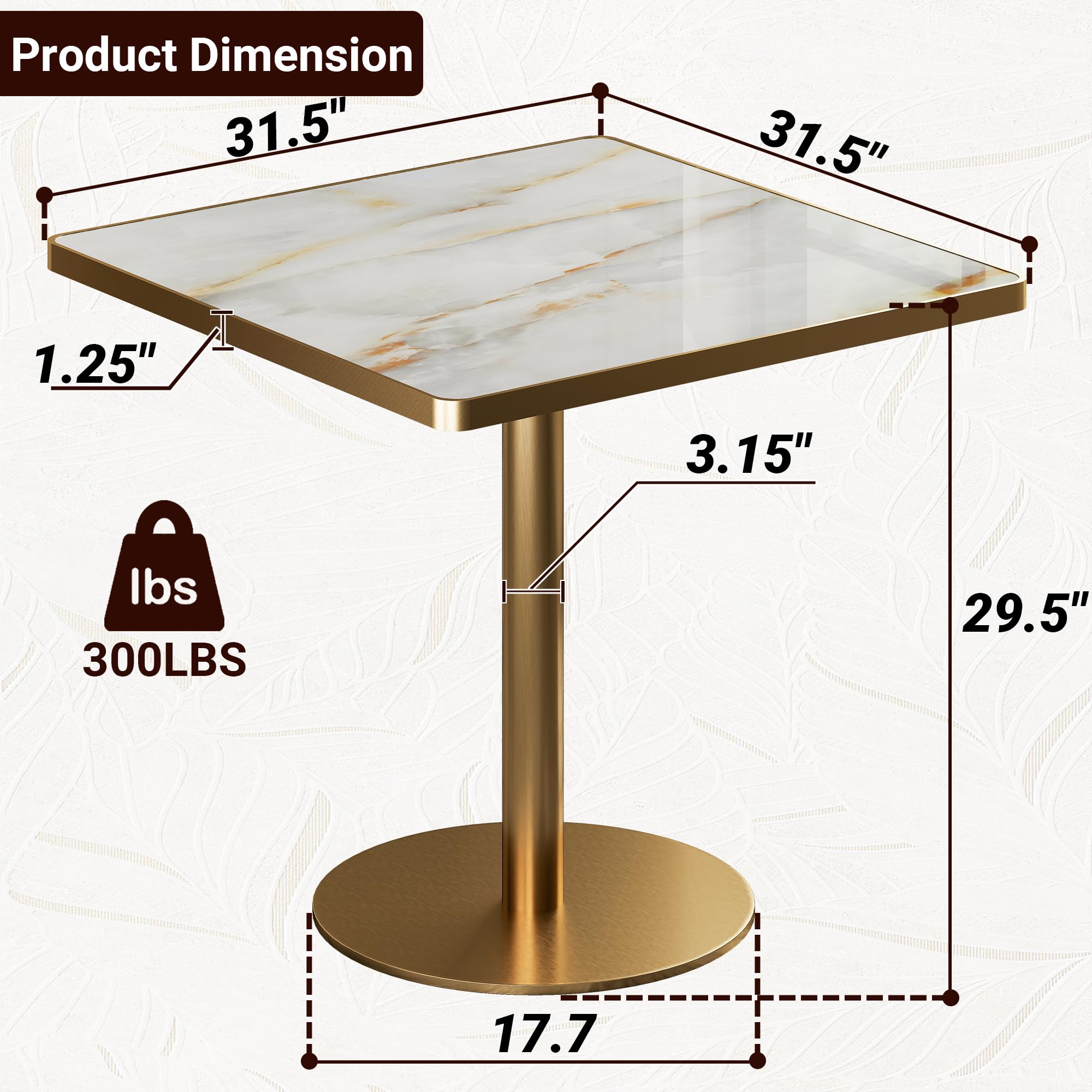 hausway 31.5" Tulip Table,Square Kitchen Dining Table for 2-4 with Thick Sintered Stone Top,Titanium Golden Pedestal Base,Heat-Resistant,Bistro Table for Dining Room,Café,Small Space（Sunrise Strings）