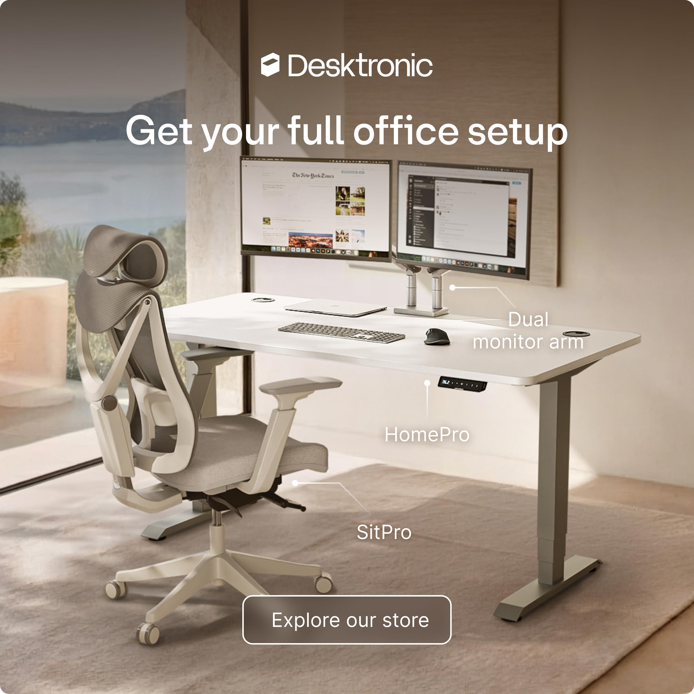 Standing Desk 54x28 — Made in Europe, Ergonomic Sit Stand Home Office Desk, Electric Height Adjustable, Dual Motor, USB & USB-C Charging, Wobble-Free, Touchscreen, 3 Memory Presets