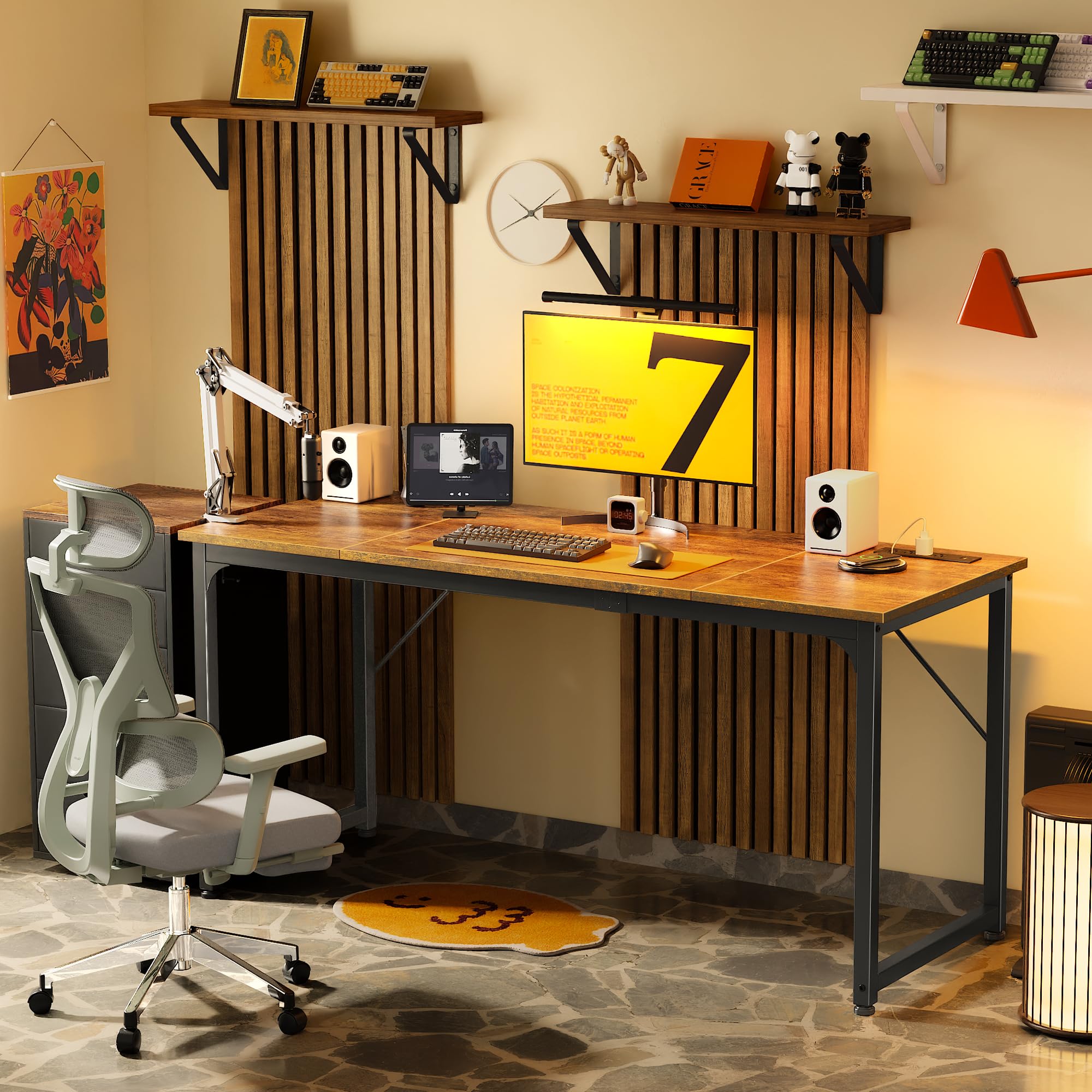 63 X 24 Inch Office Computer Desk with Power Outlets and USB-C Port, Larger and Longer Gaming Desk, for Home Office, Study, Writing Work from Home Table, Metal Frame, White