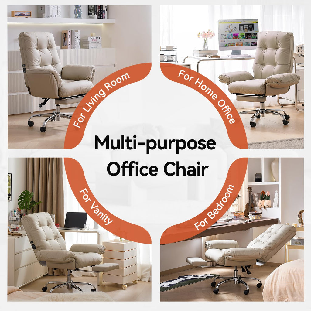 Heated and Massage Office Chair with Foot Rest Criss Cross Chair with Wheels and Flip-up Arms Reclining Desk Chair Comfy Wide Seat PU Leather Rolling Computer Home Office Chair (Beige)