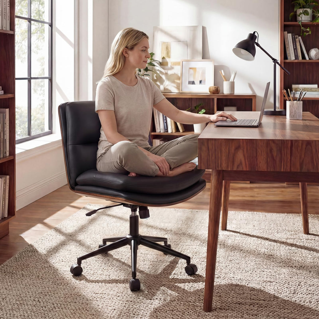 Armless Office Chair with Wheels, PU Leather Height Adjustable Vanity Chair w/Curved Backrest, Mid-Back Criss Cross 360° Swivel Ergonomic Computer Desk Chair for Home Office & Bedroom (Black)
