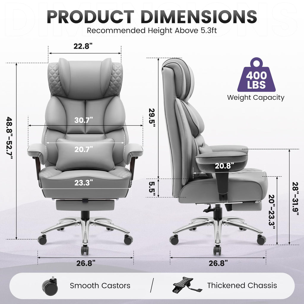 Office Desk Chair, Big and Tall Leather Gaming Chair with Footrest, Wide Ergonomic Comfy Executive High-Back Reclining Computer Chairs, Swivel Rolling Wheels and Padded Lumbar Support, Gray
