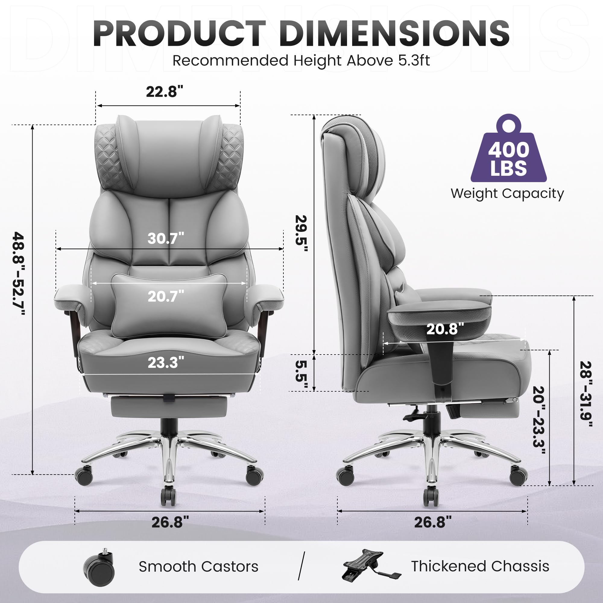 Office Desk Chair, Big and Tall Leather Gaming Chair with Footrest, Wide Ergonomic Comfy Executive High-Back Reclining Computer Chairs, Swivel Rolling Wheels and Padded Lumbar Support, Gray