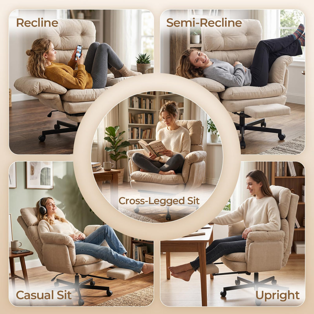 Criss Cross Office Chair with Foot Rest, Big and Tall Office Desk Chair with Flip Armrests for Pets & Cross Legged Sitting, Comfy Executive Ergonomic Reclining Computer Gaming Vanity Chair, Beige