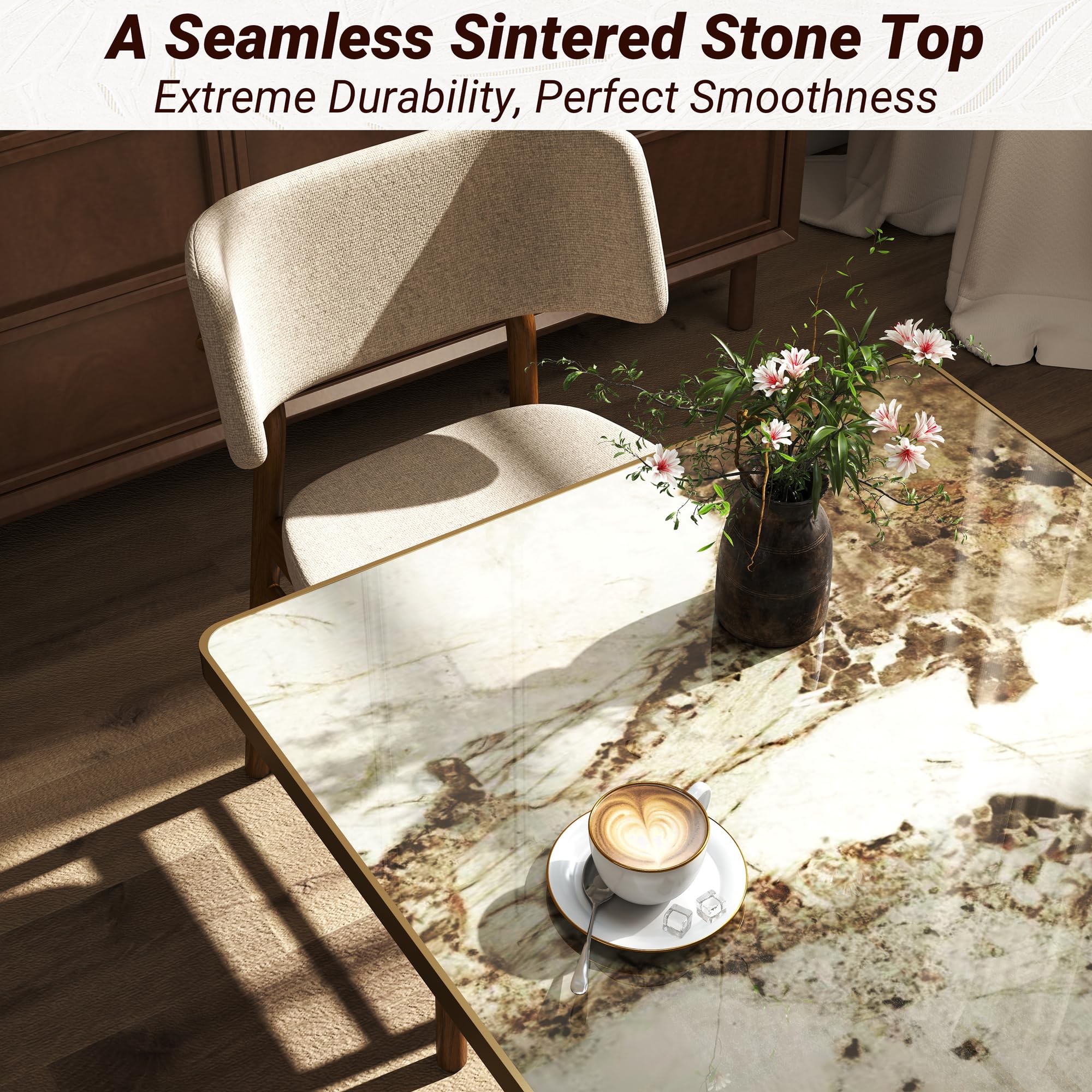 hausway 31.5" Tulip Table,Square Kitchen Dining Table for 2-4 with Thick Sintered Stone Top,Titanium Golden Pedestal Base,Heat-Resistant,Bistro Table for Dining Room,Café,Small Space（Flowing Traces）