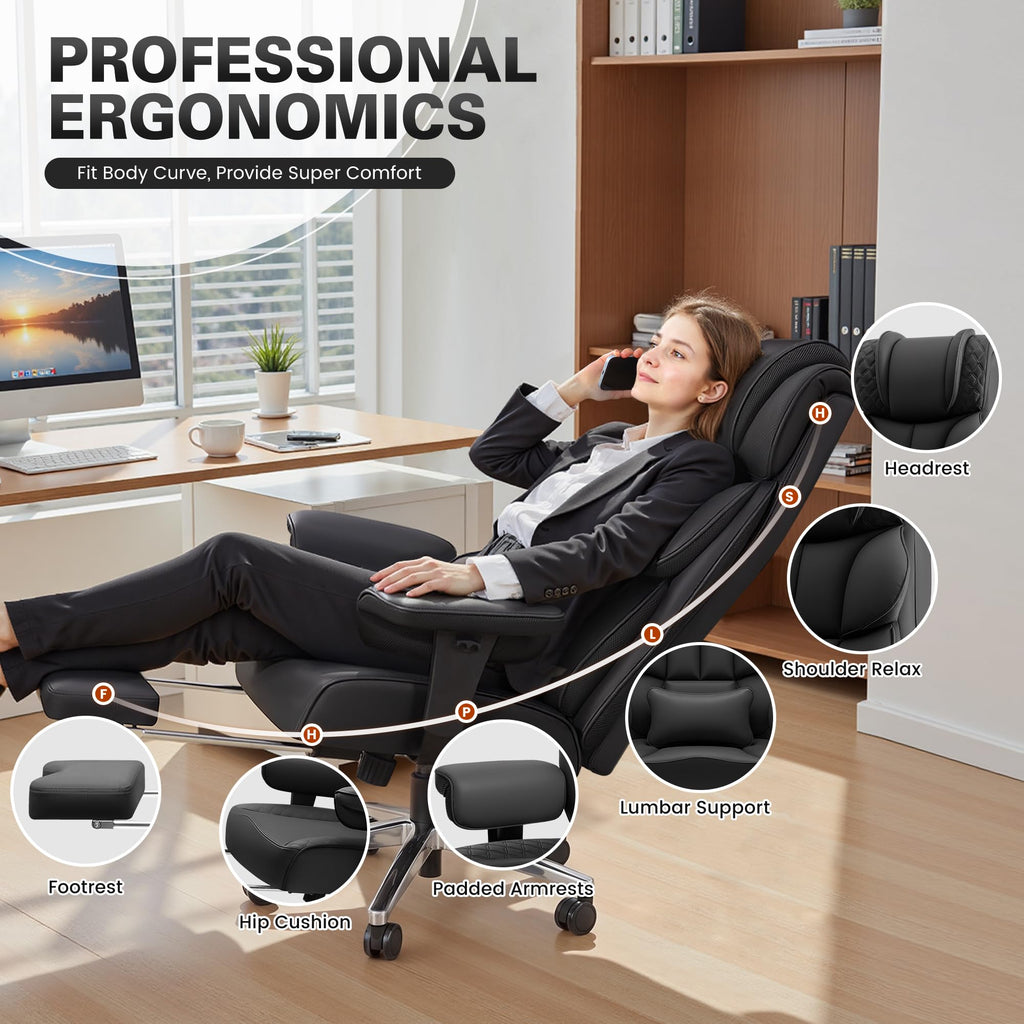 Office Desk Chair, Big and Tall Leather Gaming Chair with Footrest, Wide Ergonomic Comfy Executive High-Back Reclining Computer Chairs, Swivel Rolling Wheels and Padded Lumbar Support, Black Updated