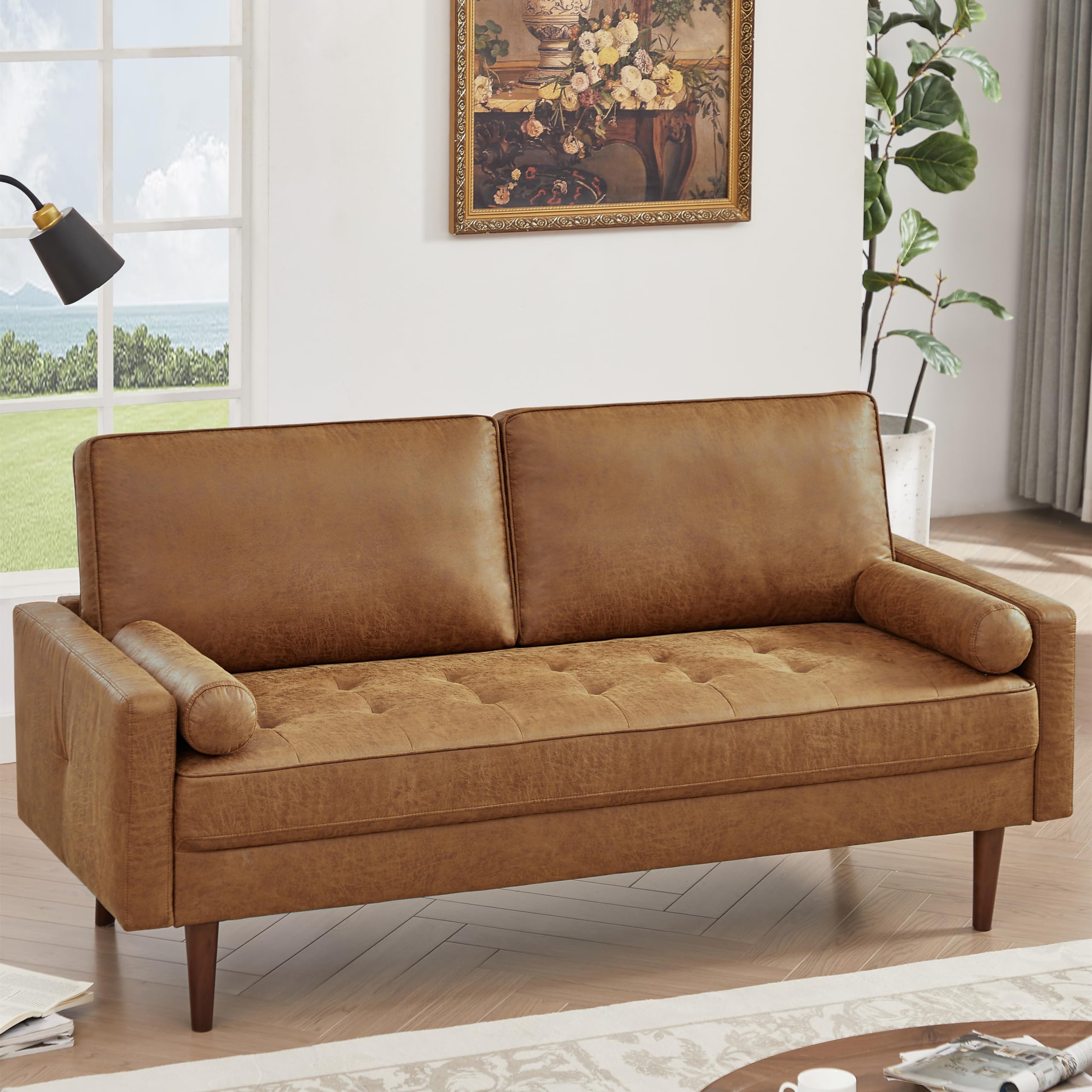 58" Loveseat Sofa Couch, Mid Century Modern Faux Leather Couch with Hand-Sewn Deep Love Seat & 2Pillows, Sofa for Office, Small Space, Bedroom, Solid Wood Frame, Brown