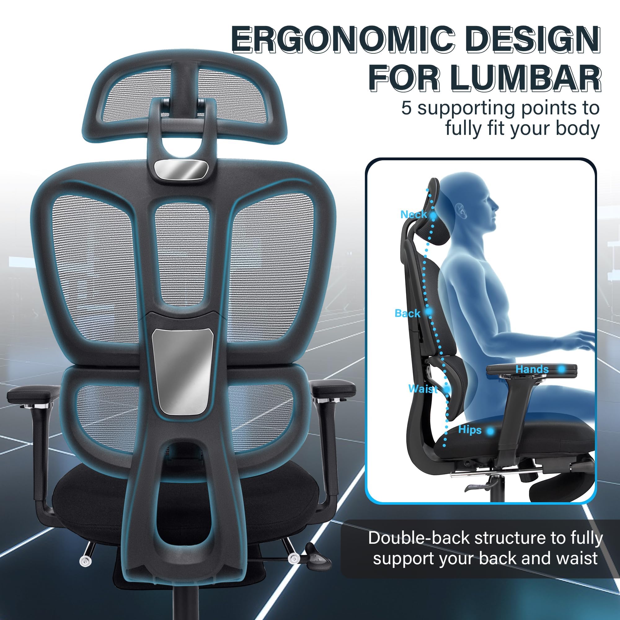 Ergonomic Office Chair with Foot Rest, High Back Computer Office Chair with Dynamic Lumbar Support, 2D Headrest, 4D Armrest, Sponge Seat, Mesh Home Office Desk Chair for Adults, Black
