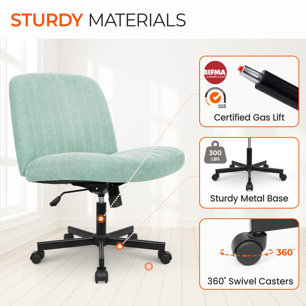 Criss Cross Chair Wheels Wide Cross Legged Office Desk Vanity Chair Comfy Fabric Armless Adjustable Swivel for Home Computer Task (Mint Wheel, Fabric)