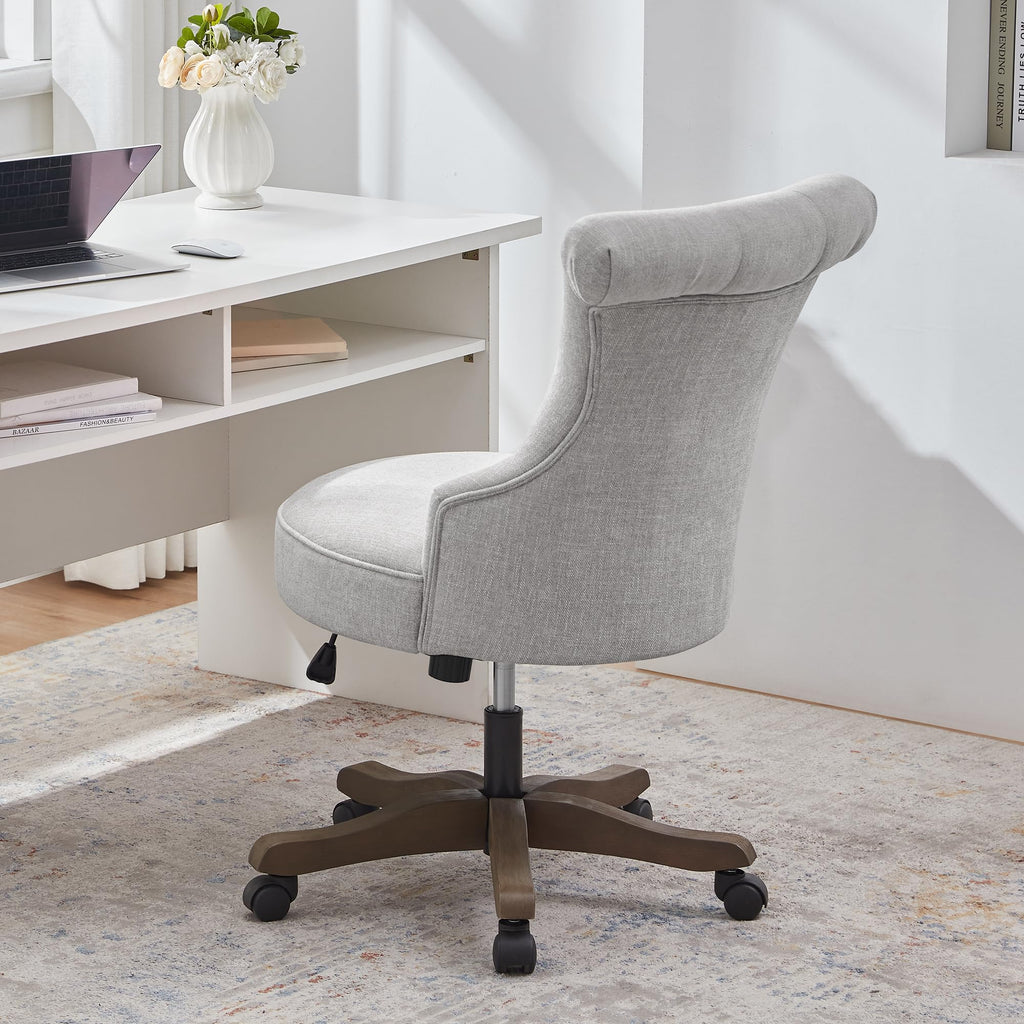 Home Office Chair Upholstered Armless Desk Chair with Wheels Adjustable Height Computer Desk Chair with Wooden Legs Linen Comfortable Swivel Chairs for Home Office Study Studio (Light Grey)