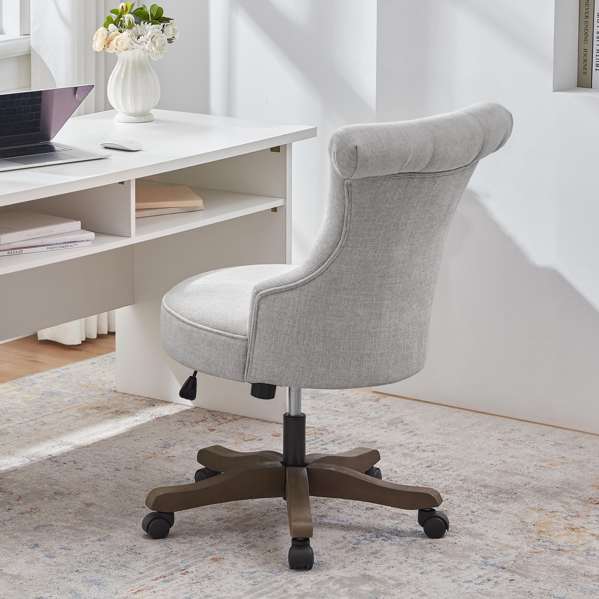 Home Office Chair Upholstered Armless Desk Chair with Wheels Adjustable Height Computer Desk Chair with Wooden Legs Linen Comfortable Swivel Chairs for Home Office Study Studio (Light Grey)