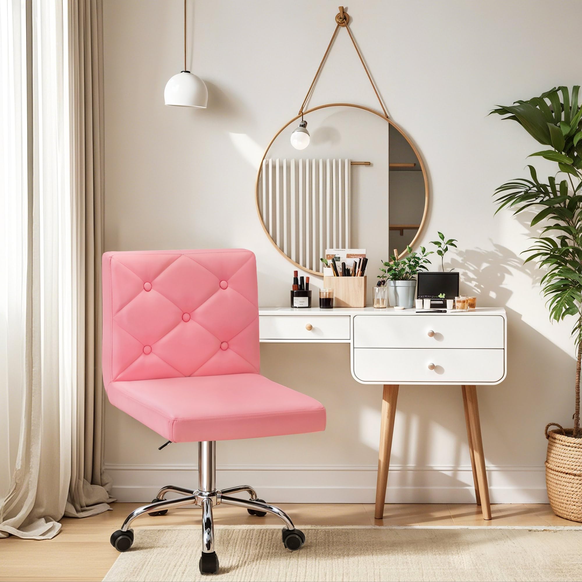 PU Leather Mid-Back Armless Vanity Chair Adjustable Height 360° Rolling Swivel for Office Work