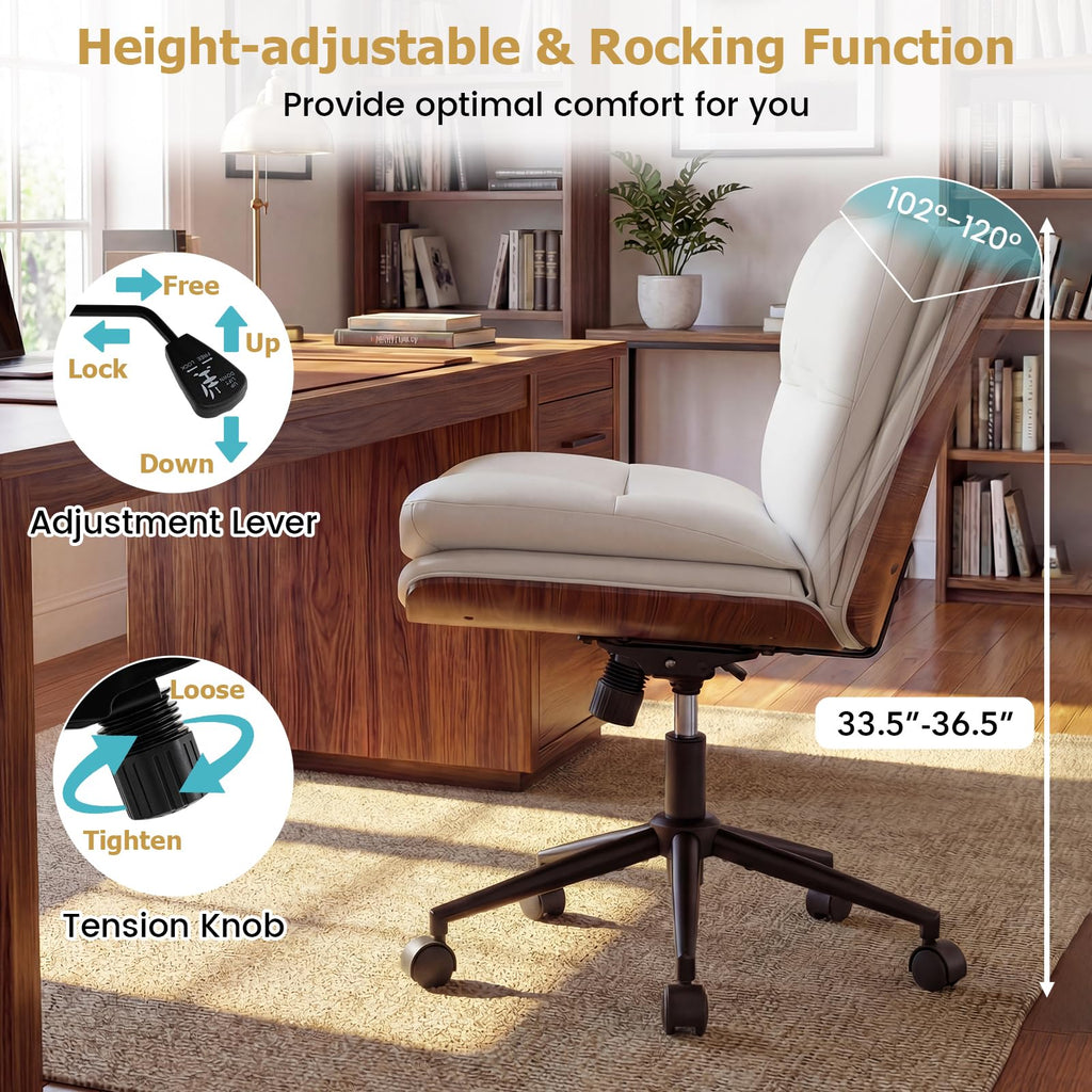 Armless Office Chair with Wheels, PU Leather Height Adjustable Vanity Chair w/Curved Backrest, Mid-Back Criss Cross 360° Swivel Ergonomic Computer Desk Chair for Home Office & Bedroom (White)