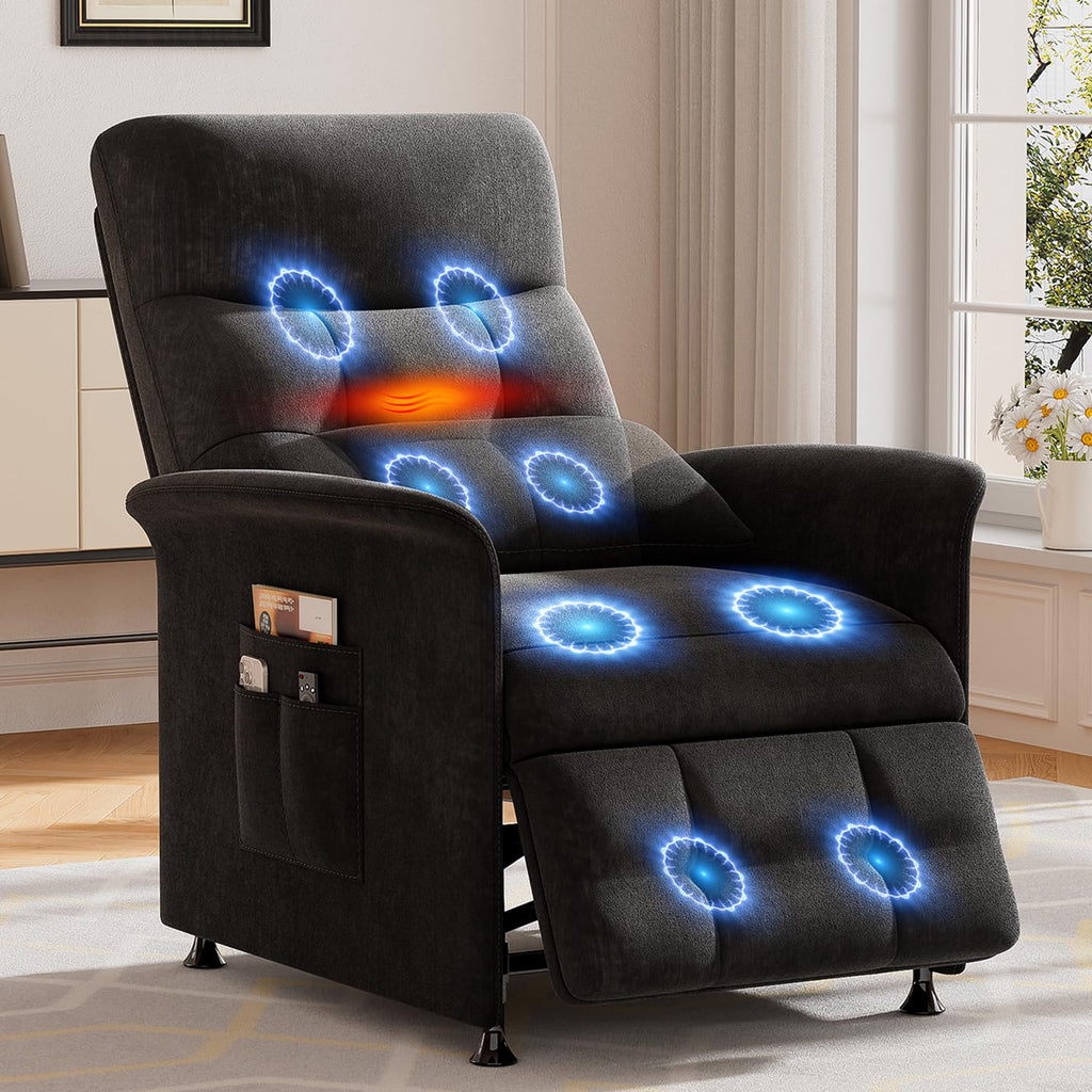 Power Recliner Chair for Adults with Heat & Massage - Soft Fabric Electric Reclining Sofa with Remote Control, 3 Side Pockets, 180° Lay Sleeper for Home Theater Living Room, Black