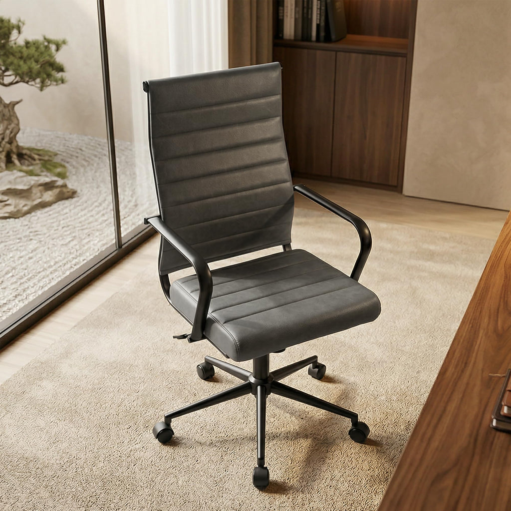 Genuine Leather Office Desk Chair, Mid-Century Modern Real Leather Conference Room Chairs, Ergonomic Executive Ribbed Height Adjustable Swivel Rolling Chair for Home Office.