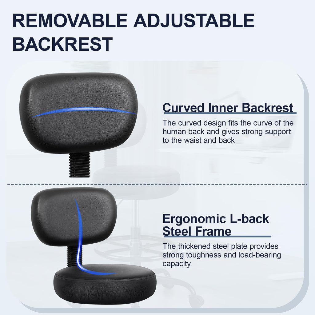 Drafting Chair with Backrest – Adjustable Foot Rest Rolling Stool with Wheels, PU Leather Swivel Stool for Office Spa Studio Lab Counter Salon Home Work Bar Kitchen Shop(Black)