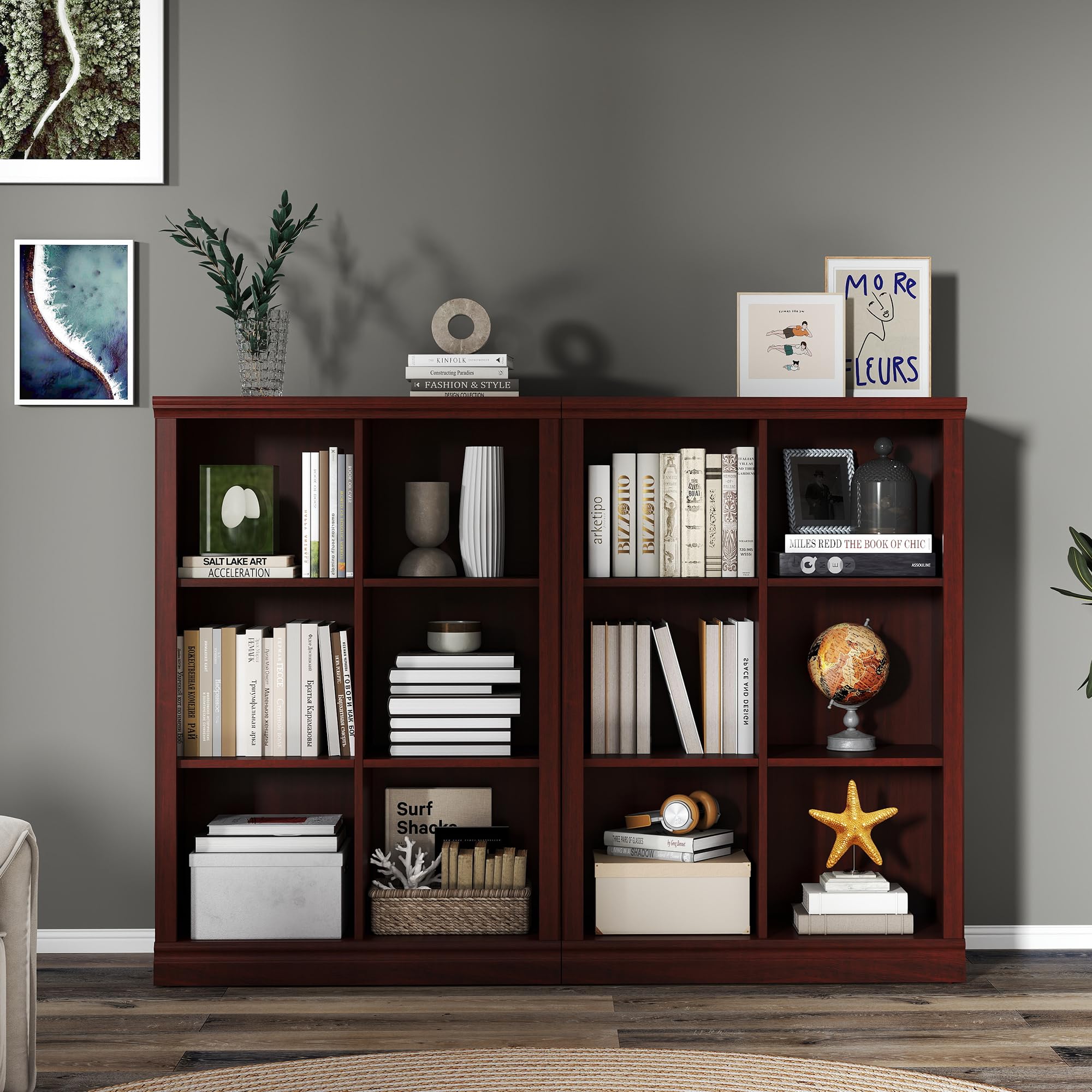 3 Tiers 6 Cube Storage Organizer Bookcase, 30 inch Width Wooden Book Shelf