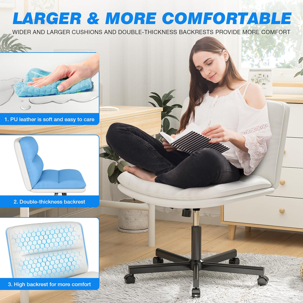 Ergonomic Armless Criss Cross Chair with Height Adjustable and Swivel, Wide & Thickened Cushion Cross Legged Vanity Chair, Comfortable PU Leather Desk Chair for Computer Task and Make Up, White