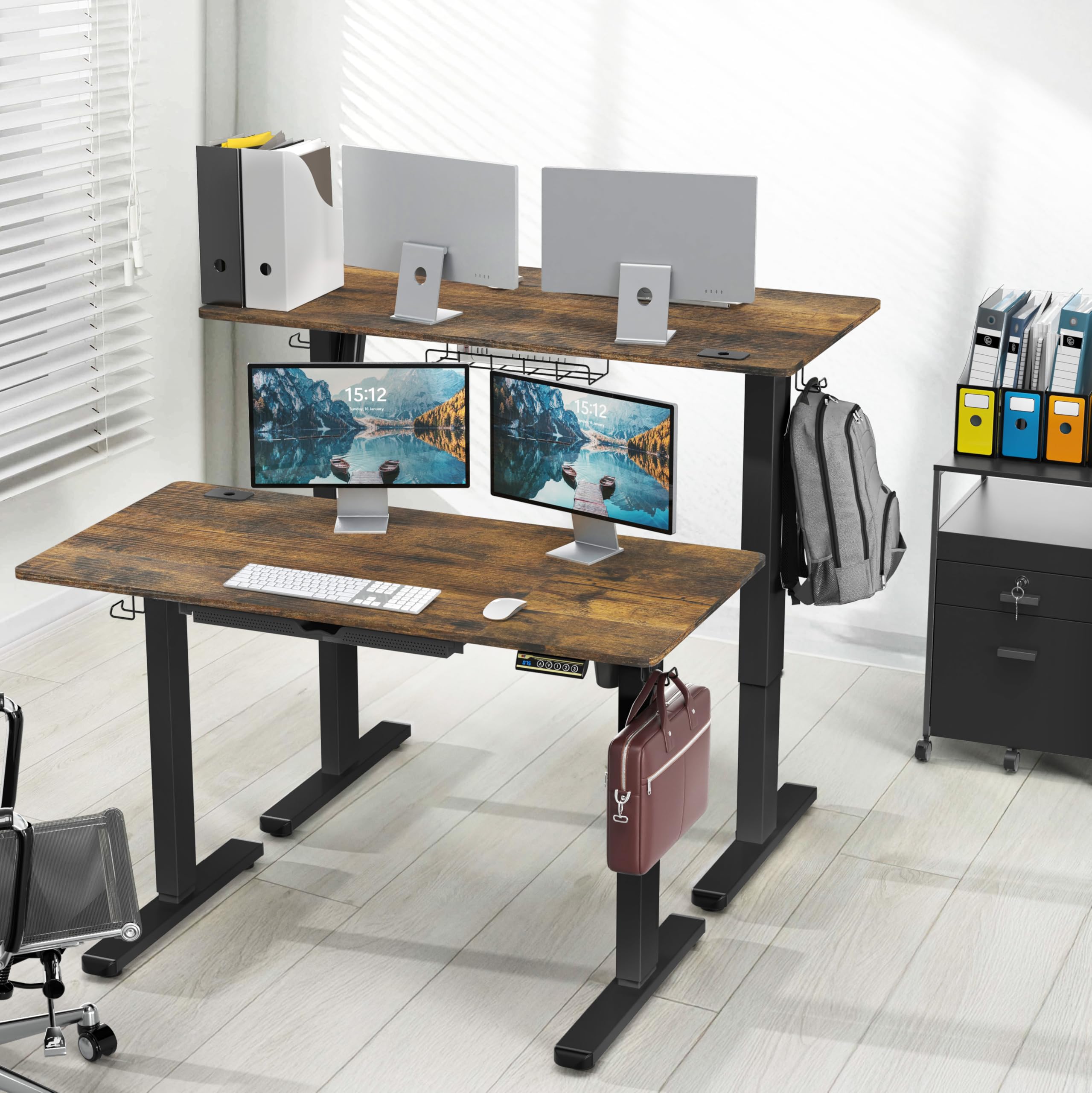 48-Inch Electric Height Adjustable Standing Desk with Drawer, Memory Preset and Cable Management Tray, Rustic Brown