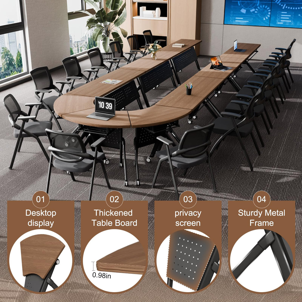 Conference Room Tables White,Folding Rectangular Flip Top Conference Table with Wheels for Large Meeting Seminar Home Office Classr (2, Walnut Black, 55.1in)